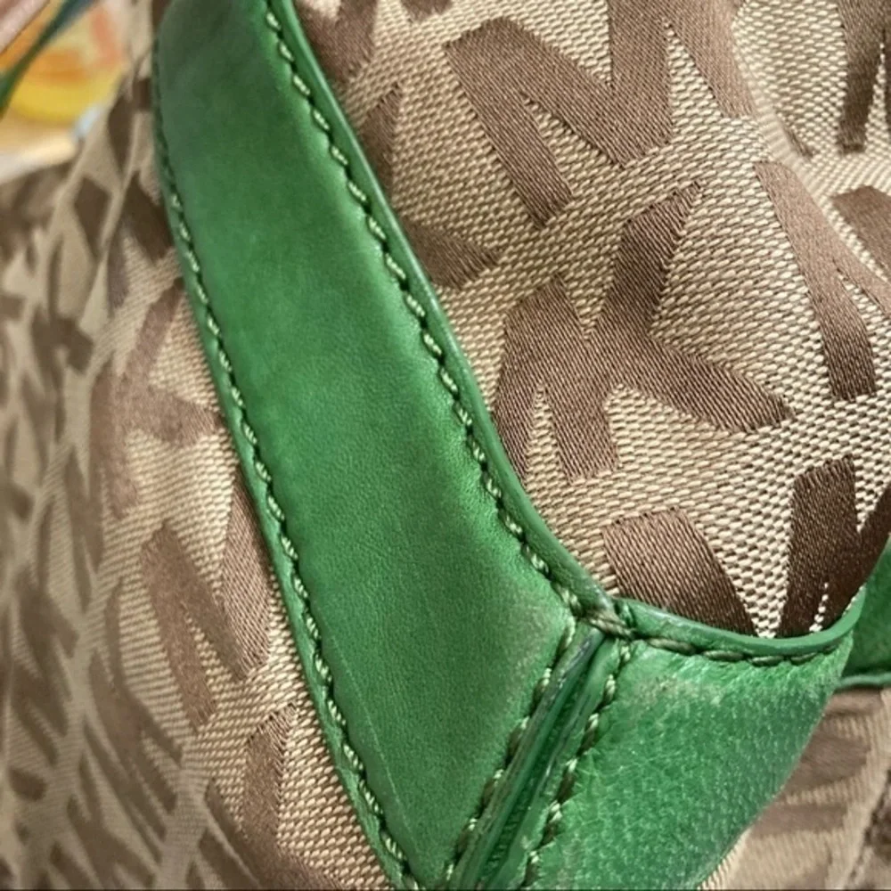 Michael Kors signature mk brown with green leather shoulder bag